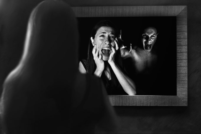 woman sees devil vampire on mirror reflection - Just when you thought you have come so far in your transition, you have a dysphoric meltdown of epic proportions. - The Weekly Rant with Mila Madison.