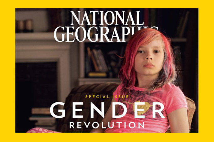 National Geographic cover featuring 9-year-old transgender girl Avery Jackson sitting on the arm of a chair.