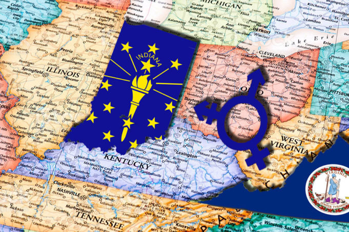Closeup of U.S. map with Virginia and Indiana highlighted and a transgender symbol - Some Republicans appear to be backing away from anti-transgender legislation as they have rejected discriminatory bills in two states.