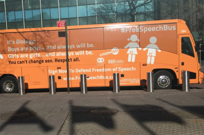 Anti-Transgender Bus Gets Vandalized in New York City - A bus painted with anti-transgender propaganda was vandalized in front of the United Nations on Thursday as a hate group began its LGBT opposition tour.